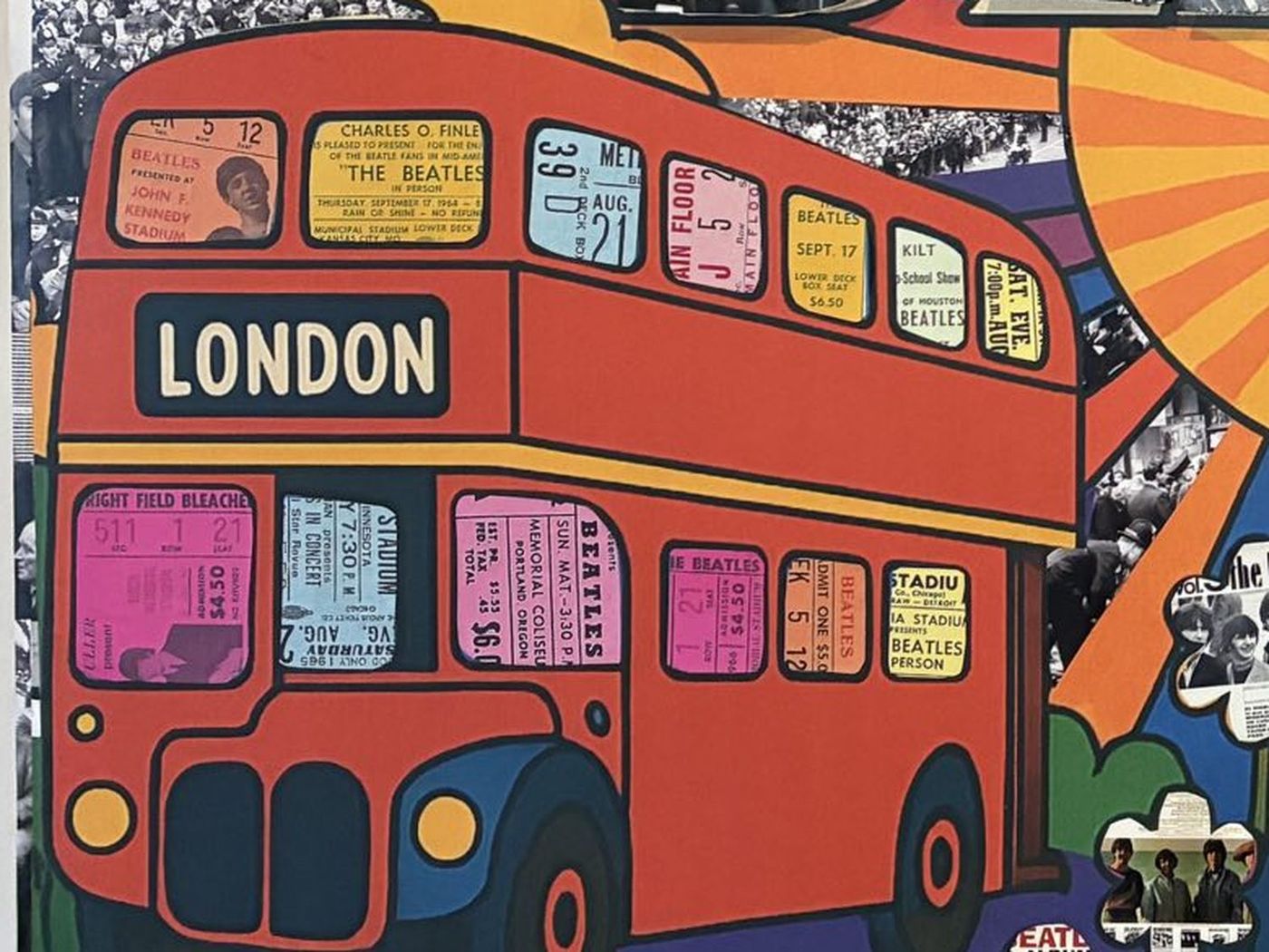 Detail of Fab Four Ever: a London bus whose windows are concert ticket stubs