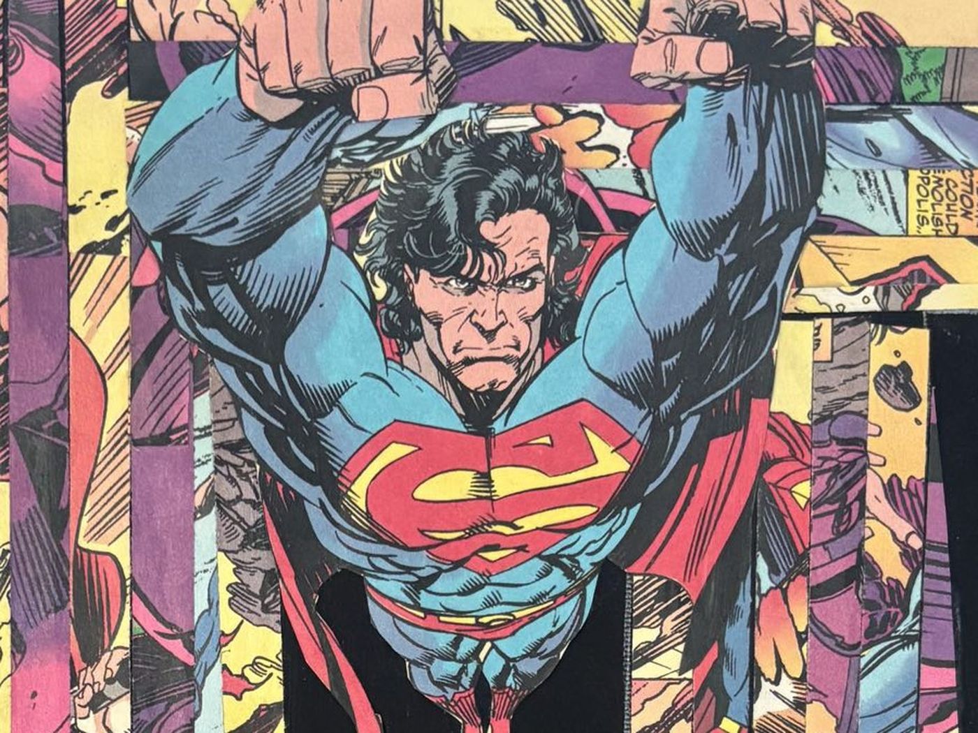 Detail of Chai and Mighty: Superman surrounded by strips of comic panel